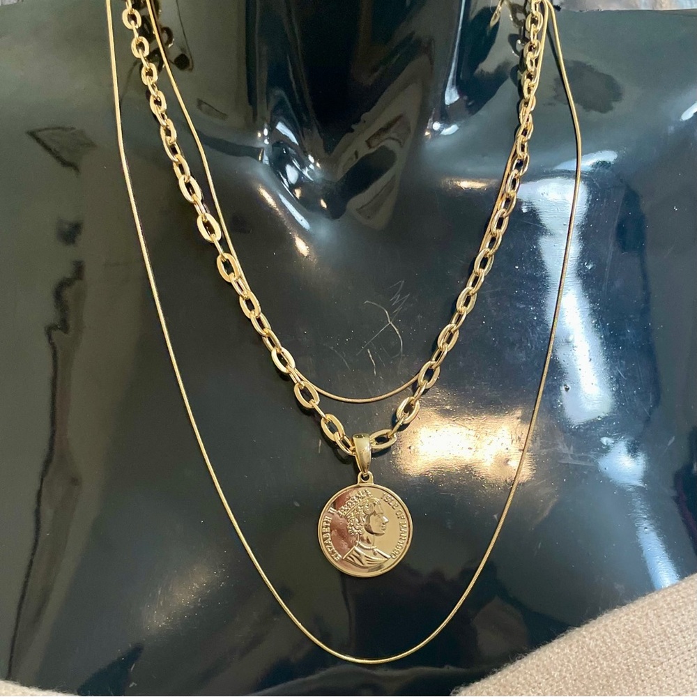 Layered Three Strand Coin Pendant Gold Filled Statement Necklace NWOT - Picture 3 of 8